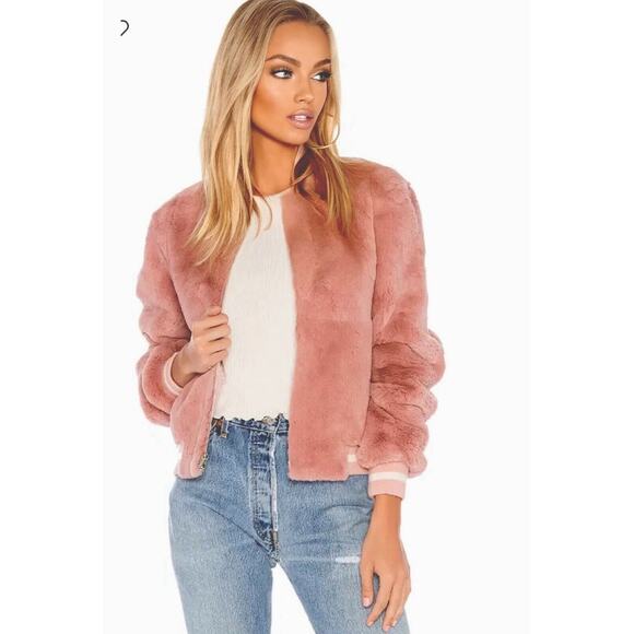 Elizabeth &James Luxe Pink Dahlia Rabbit Fur Banded Jacket Front Zip Pockets L - Picture 1 of 9